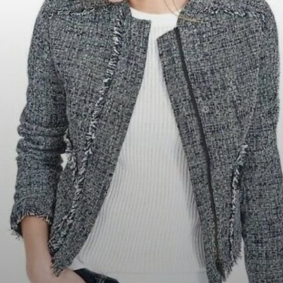 BANANA REPUBLIC Raw Hem Tweed Moto Jacket Cropped Office Navy White EUC Size 4 - Picture 2 of 10